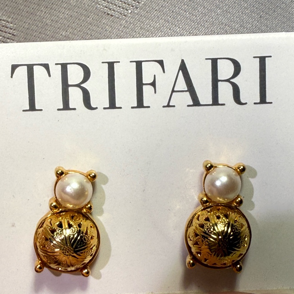 Vintage Trifari Gold-Tone Faux Pearl Earrings | NOS Surgical Steel Posts